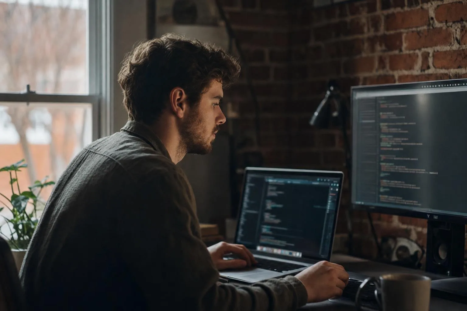 Developer workspace at night